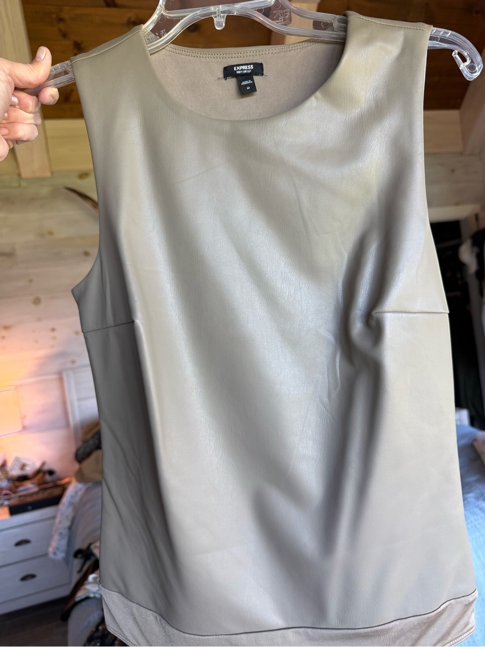 Express Sleeveless Faux-Leather Bodysuit in Light Gray